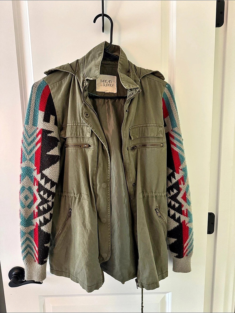 Thread & Supply Aztec Knit Sleeve Utility Jacket Green XS
